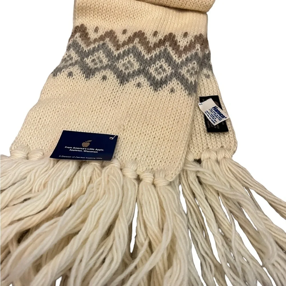 NWT! HANSON 100% Icelandic wool cream gray & brown thick knit scarf w/ fringe